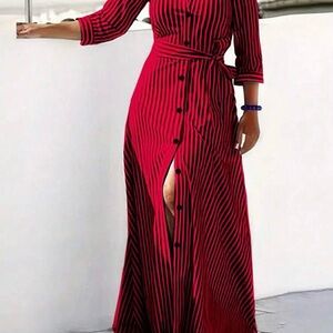 SHEIN Red and Black Striped Long Sleeve Dress